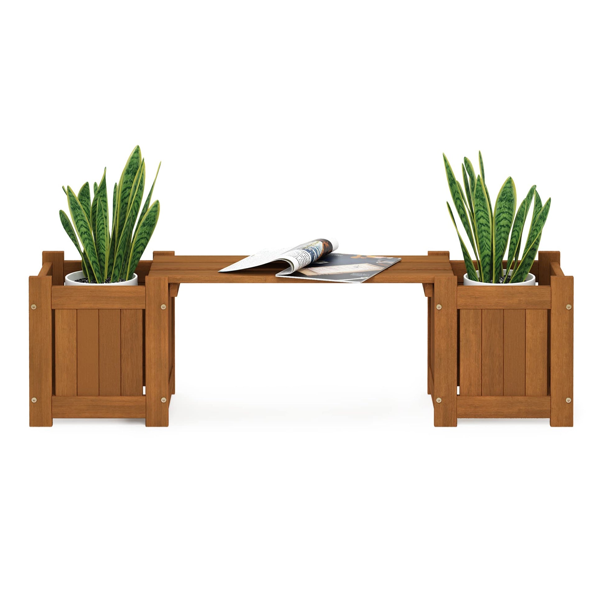 Furinno Tioman Hardwood Mini Outdoor Planter Box with Bench for Garden Plant - WoodArtSupply