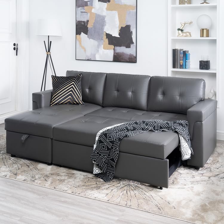 Naomi Home Jenny Sectional Sofa Sleeper with Storage Chaise, Tufted Pull Out Couch with Storage, Sectional Sofa Bed, L-Shaped Reversible Sleeper Sofa with Storage, Dark Gray,Air Leather Naomi Home