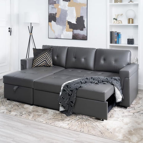 Naomi Home Jenny Sectional Sofa Sleeper with Storage Chaise, Tufted Pull Out Couch with Storage, Sectional Sofa Bed, L-Shaped Reversible Sleeper Sofa with Storage, Dark Gray,Air Leather Naomi Home