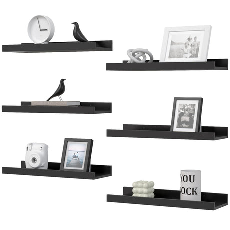 DOLLFIO Floating Shelves Set of 6, Black Wall Shelves with Lip, Display Shelves for Wall Decor, Modern Picture Ledge for Living Room, Bedroom, Nursery, Bathroom, Pictures, Books, Plants- Black DOLLFIO