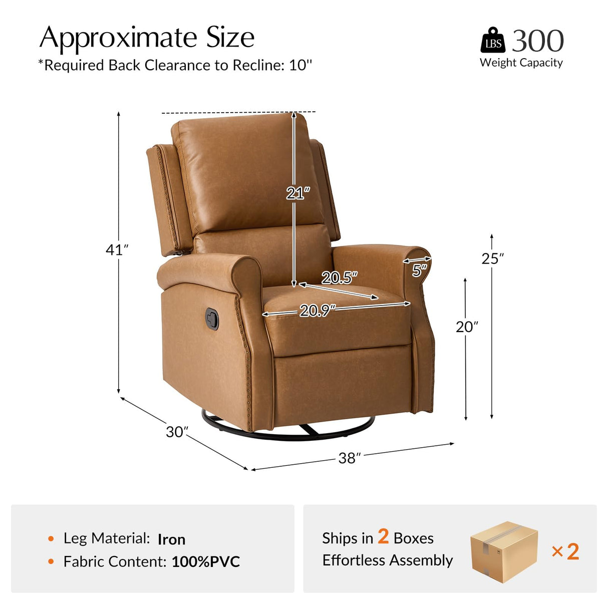 HULALA HOME Faux Leather Swivel Rocker Recliners Set of 2 with Adjustable Backrest and Footrest, Push Back Recliner Chairs with Nailhead Trim, Swivel Glider Rocking Chairs for Living Room, Camel HULALA HOME