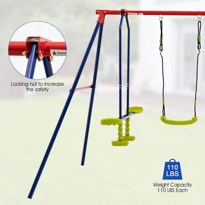 OLAKIDS Swing Sets for Backyard, 7 in 1 Outdoor 660LBS A-Frame Heavy Duty Metal Swing Stand with Monkey Bar for Kids, Playground Playset with Slide, 2 Swings, Glider, Trapeze Rings, Basketball Hoop