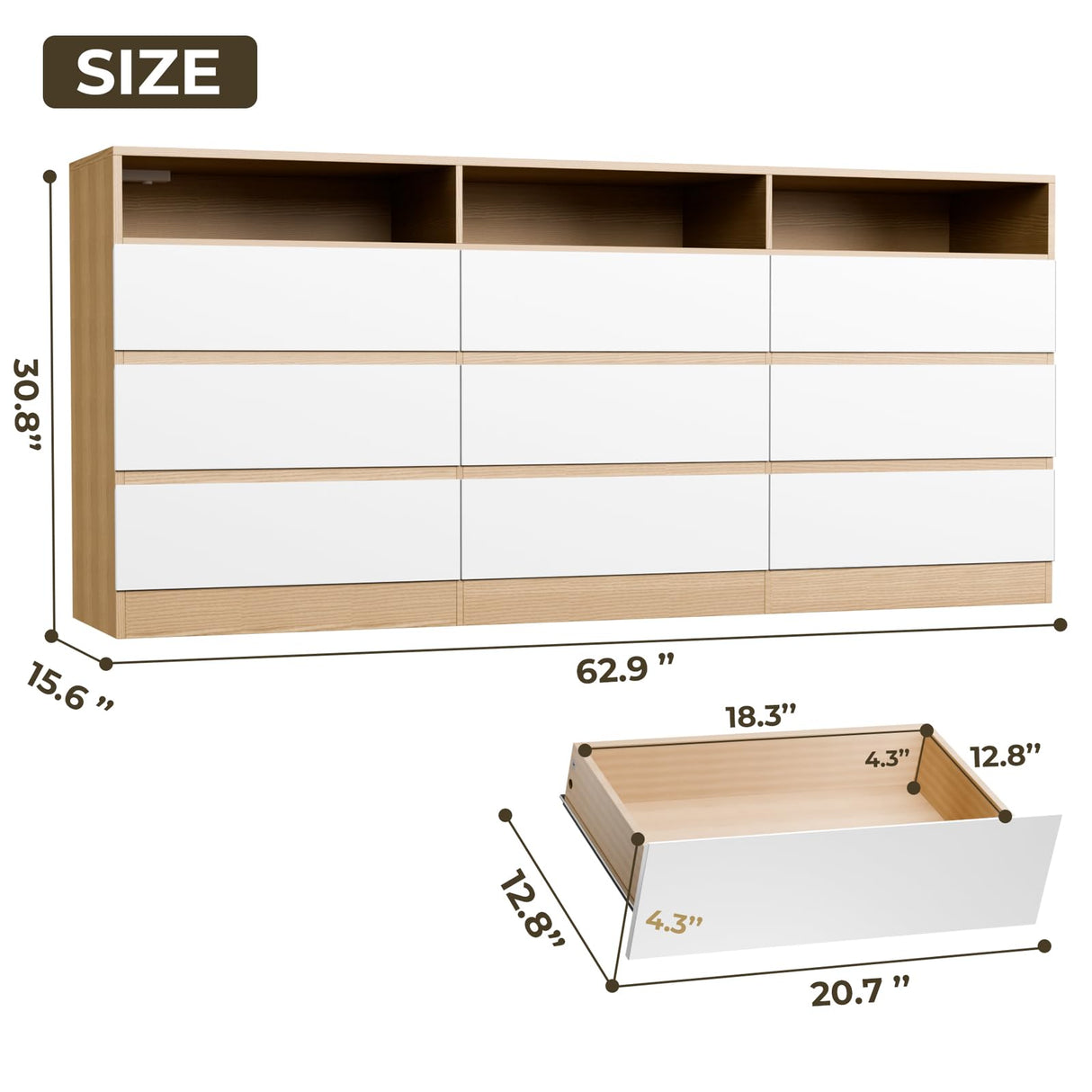 STIKELY 9 Drawer Dresser for Bedroom with Power Outlet and LED Light, Dresser Chest of Drawers for Closet, Modern Dressers Organizer Cabinet for Living Room, Entryway, Hallway STIKELY