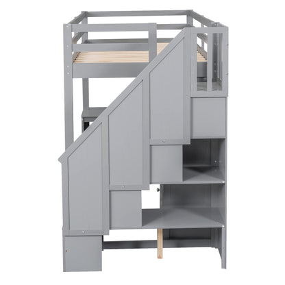 Twin Size Loft Bed with Desk, Stairs and Storage by Harper & Bright Designs - Solid Wood Frame in Grey - WoodArtSupply