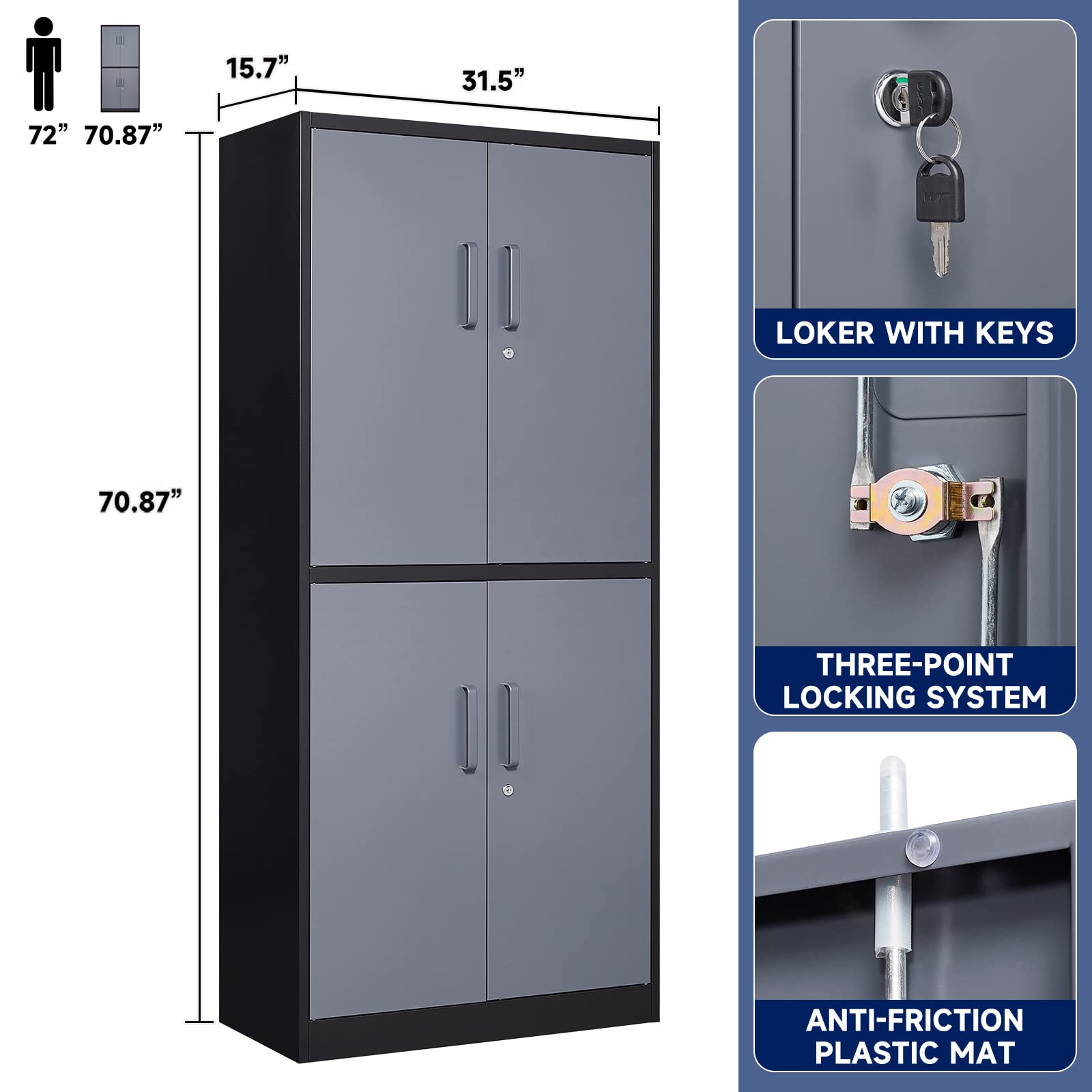 Yizosh Metal Storage Locking Cabinet with 4 Doors and 2 Adjustable Shelves,71" Lockable Garage Tall Steel Cabinet,for Home Office,Living - WoodArtSupply