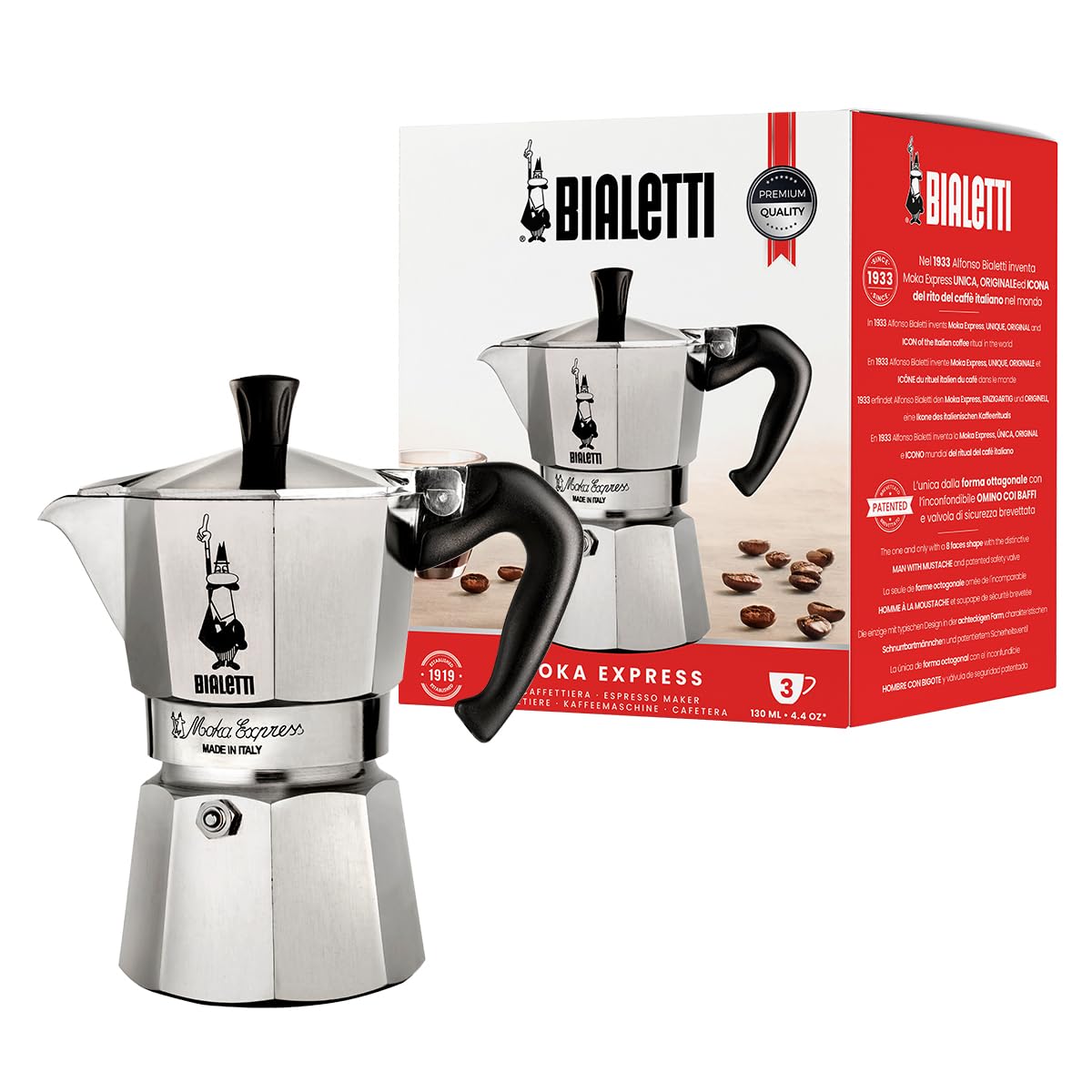 Bialetti - Moka Express: Iconic Stovetop Espresso Maker, Makes Real Italian Coffee, Moka Pot 3 Cups (4.3 Oz - 130 Ml), Aluminium, Silver Bialetti