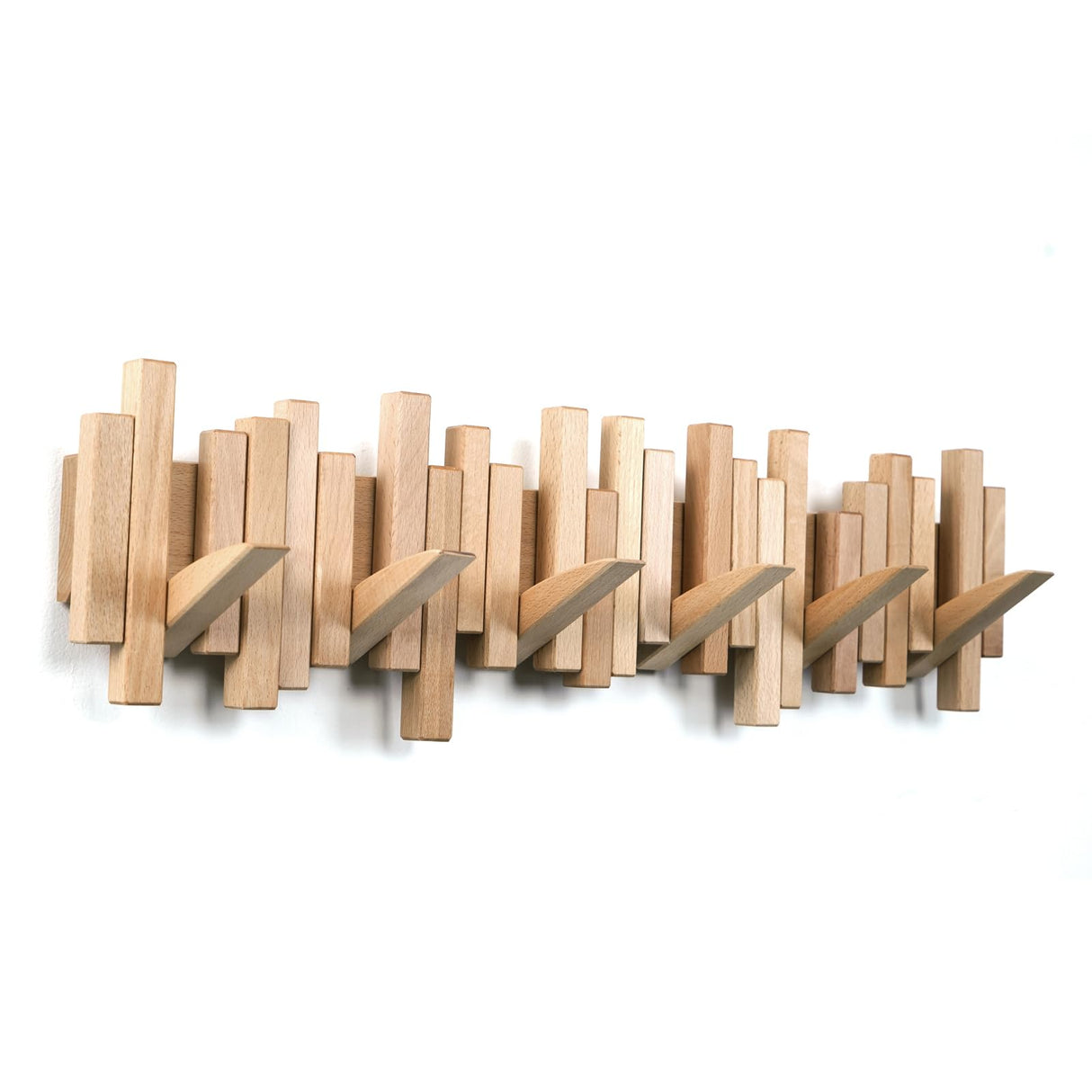 Acsigesn Wooden Coat Rack Wall Mounted Sticks Multi Rack Solid Handmade Natural Beech Wood Artwork with 6 Flip-Down Unique Modern Hooks for Coats Bag Hat Umbrella Acsigesn