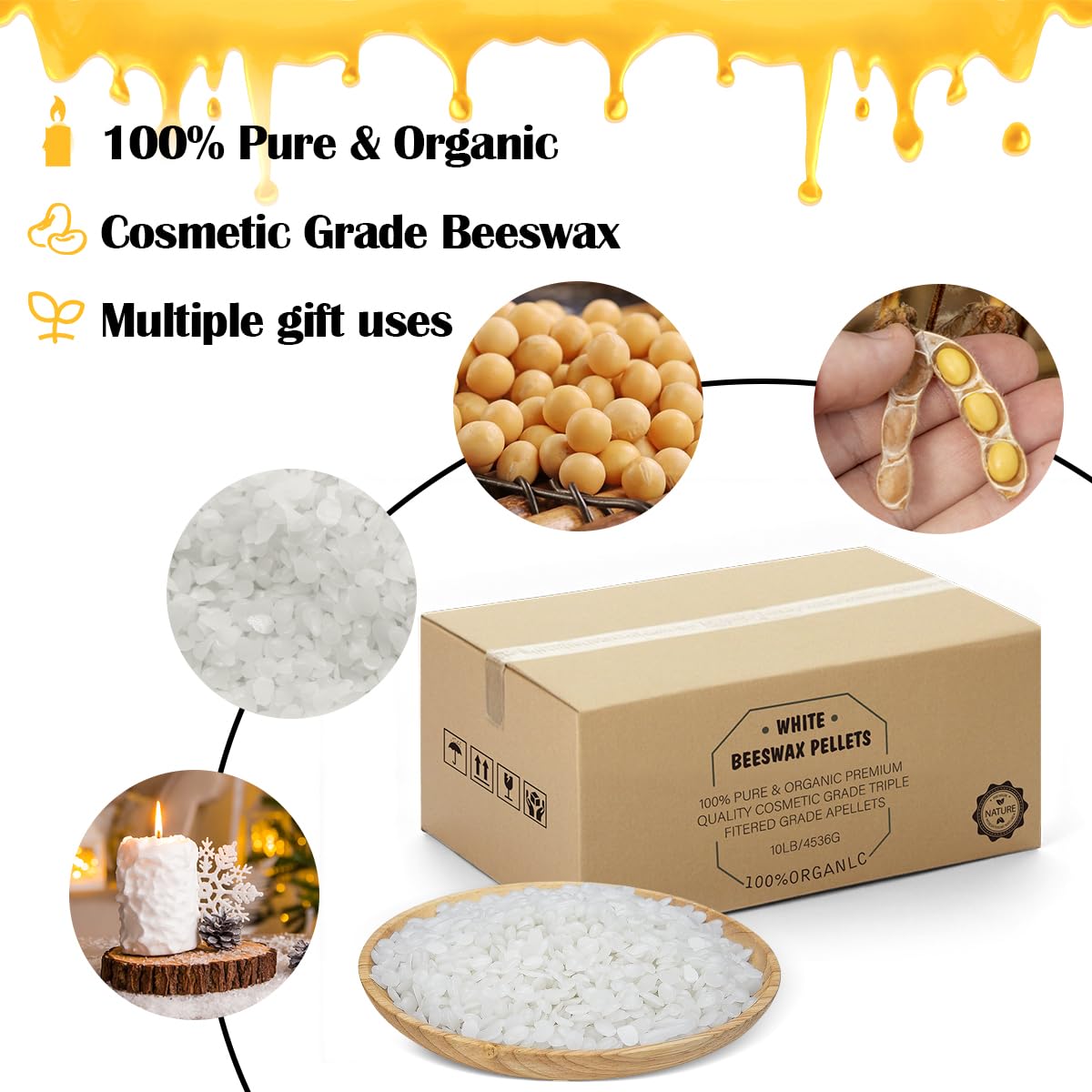 Beeswax Pellets 10LB, Organic White Bees Wax for DIY Candles, Beeswax for Candle Making, Skin, Body, Face, and Hair Care, Lotions, DIY Creams, Lip Balm and Soap Making Supplies Lomangdi