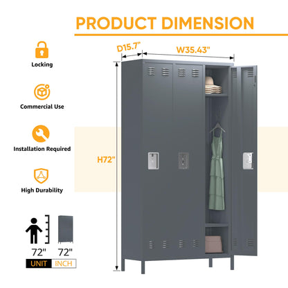 GangMei Storage Metal Locker,72" Tall Employee Locker with 3 Doors,Storage Locker for Employees School Hospital Garage Gym Home Office with Hooks - WoodArtSupply