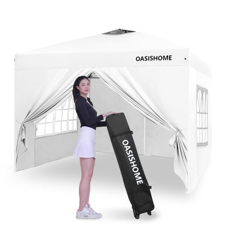OASISHOME Pop-up Gazebo Instant Portable Canopy Tent 10'x10', with 4 Sidewalls, Windows, Wheeled Bag, for Patio/Outdoor/Wedding Parties and Events (10FTx10FT, White) OASISHOME