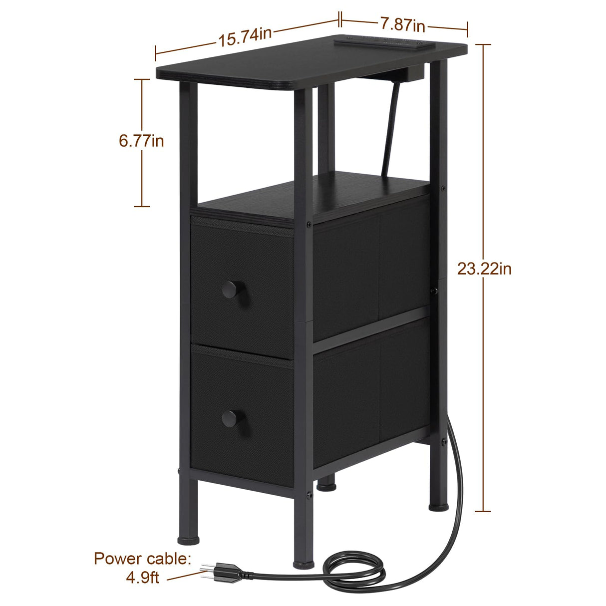 LOAKEKEL Narrow End Table Living Room with Charging Station, Skinny Side Table with Fabric Drawers, Slim Nightstand for Bedroom, Small Spaces, Couch, Black, HETNDP02BK-1 LOAKEKEL