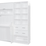 SOFTSEA Full Size Murphy Bed with Desk, Horizontal Murphy Bed with Storage Wardrobe Drawers and Shelves, Hidden Wall Bedframe for Guest Room, Bedroom, Office, White SOFTSEA