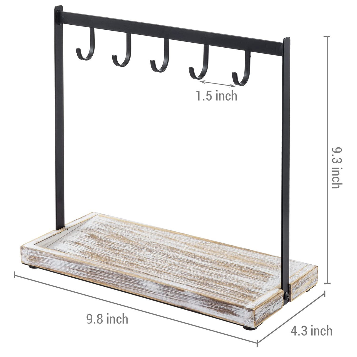 MyGift Black Metal Entryway Key Holder with 5 Hooks and Shabby Whitewashed Wood Base, Tabletop Necklace and Jewelry Organizer Rack with Ring Tray MyGift