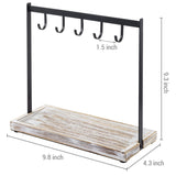 MyGift Black Metal Entryway Key Holder with 5 Hooks and Shabby Whitewashed Wood Base, Tabletop Necklace and Jewelry Organizer Rack with Ring Tray MyGift