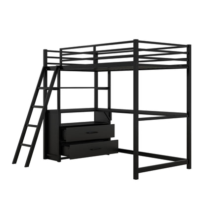 SOFTSEA Twin Metal Loft Bed with Desk and Storage - Black - WoodArtSupply