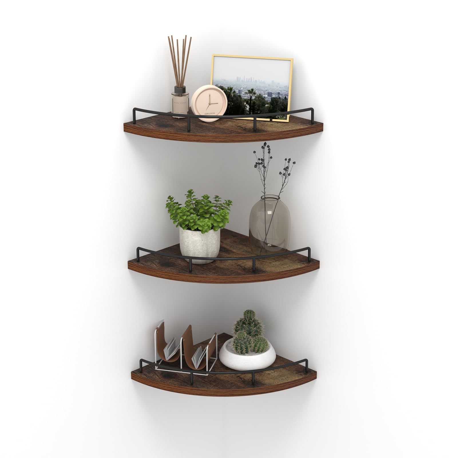 HORLIMER Floating Corner Shelf Wall Mount, Set of 3 Rustic Wood Corner Wall Shelves with Fence for Bedroom, Living Room, Bathroom, Kitchen, Brown - WoodArtSupply