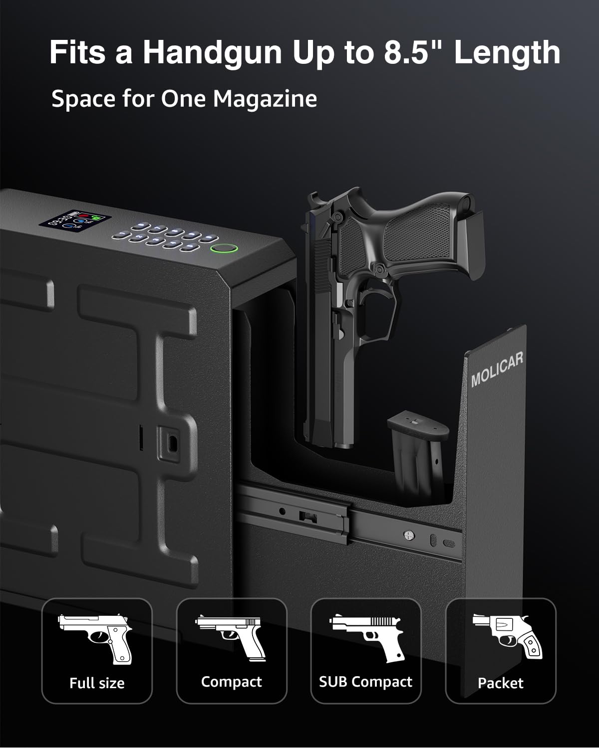 MOLICAR Biometric Slider Pistol Safe with LCD of Temp Humidity Battery, Mounted Single Bedside Gun Safe with 3 Ways Quick Access Handgun Case for Nightstand, Bed, Desk, Wall, Dresser MOLICAR