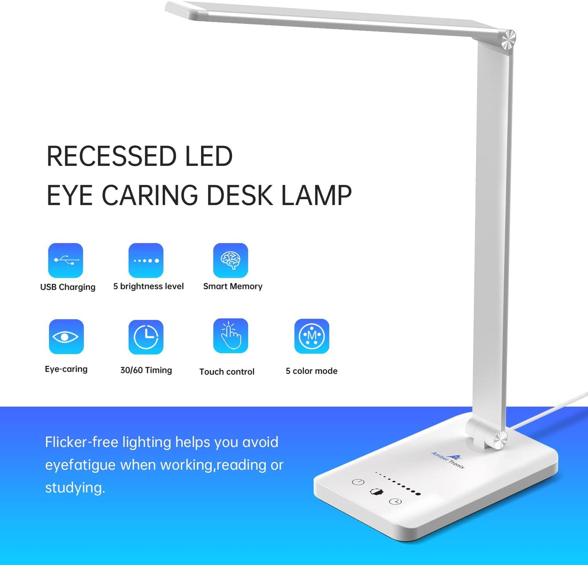 Ambertronix LED Desk Lamp with USB Charging Port, Dimmable Eye-Caring Reading Desk Light for Home, with 5 Brightness Level & 3 Lighting Modes, Touch Control, Auto Timer (White) Ambertronix