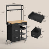 Itaar Kitchen Island with Storage, Rolling Kitchen Island Cart with Shelves and Drawers, Towel Rack, 8 S Hooks, Kitchen Cart on Wheels, for Home, Dining Room, Black Itaar