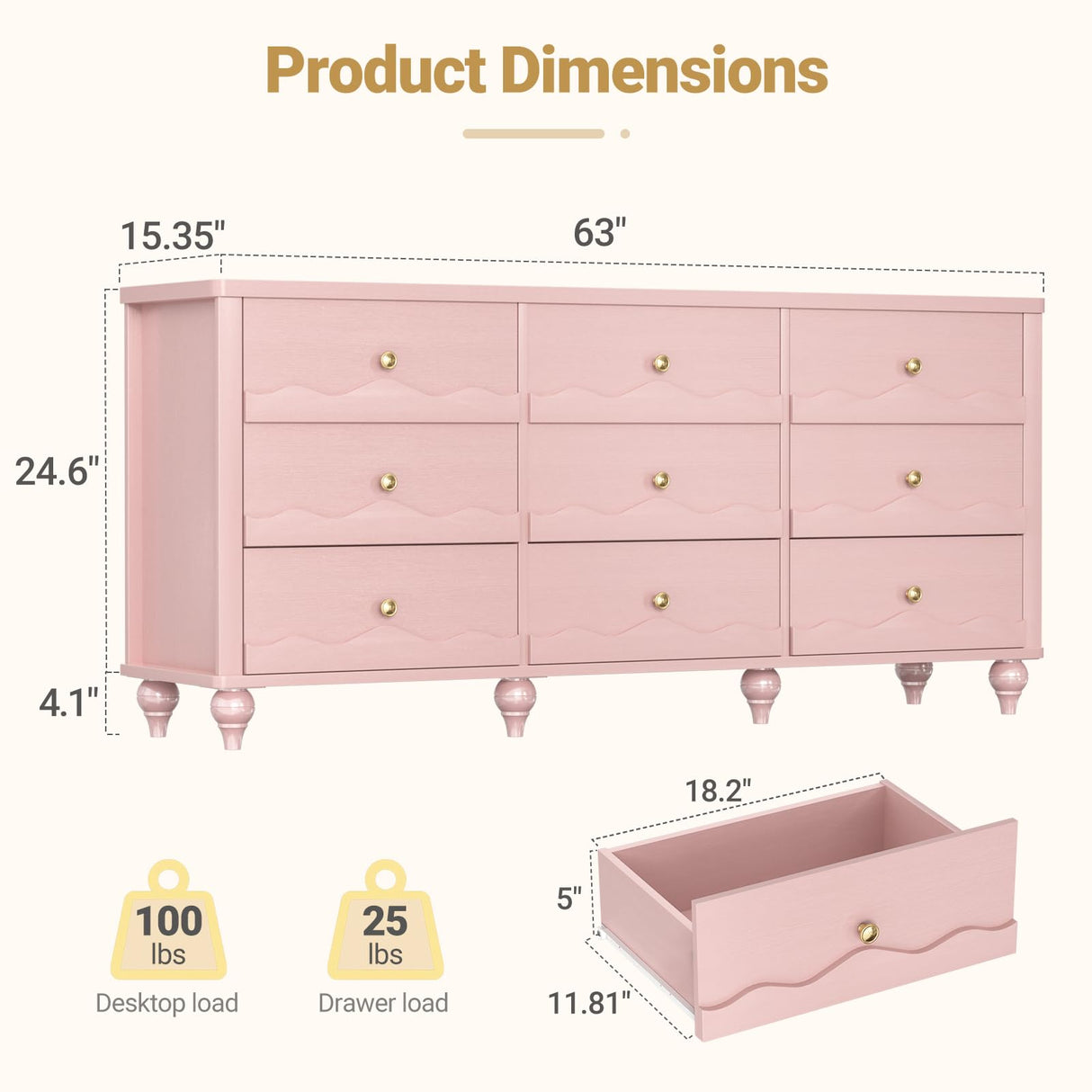 Cyclysio 9 Drawer Dresser, 63" Wide Modern Chest of Drawers TV Stand with Smooth Slides and Rustic Handles, Wood Drawer Organizer for Bedroom Living Room Hallway (Pink) Cyclysio