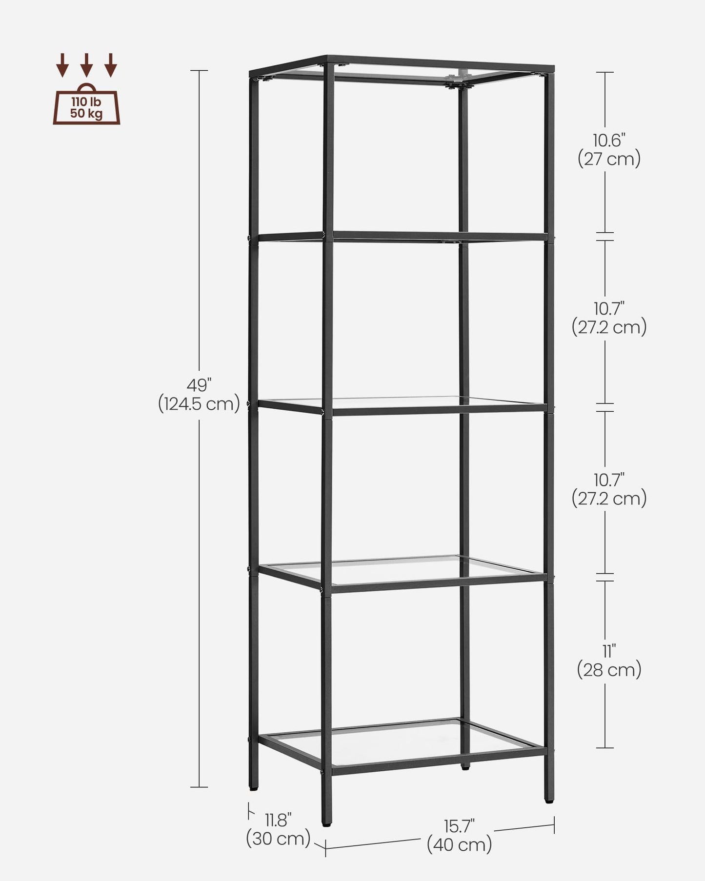 VASAGLE Bookcase, 5-Tier Bookshelf, Slim Shelving Unit for Bedroom, Bathroom, Home Office, Tempered Glass, Steel Frame, Ink Black ULGT029B61