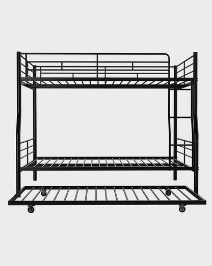 Miscoos Full XL Over Queen Bunk Bed with Trundle, Heavy-Duty Queen Bunk Bed with Safety Ladder and Full-Length Guardrail, Convertible to 3 Beds for Teens and Adults, Black