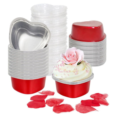 Heart Shaped Cake Pans for Baking with Red Petals, BLVRYVIO 50 Sets Aluminum Cupcake Cups with Lids, 100 ml/ 3.5 Ounces Red Disposable Mini Foil Pans for Valentine's Day Wedding Parties