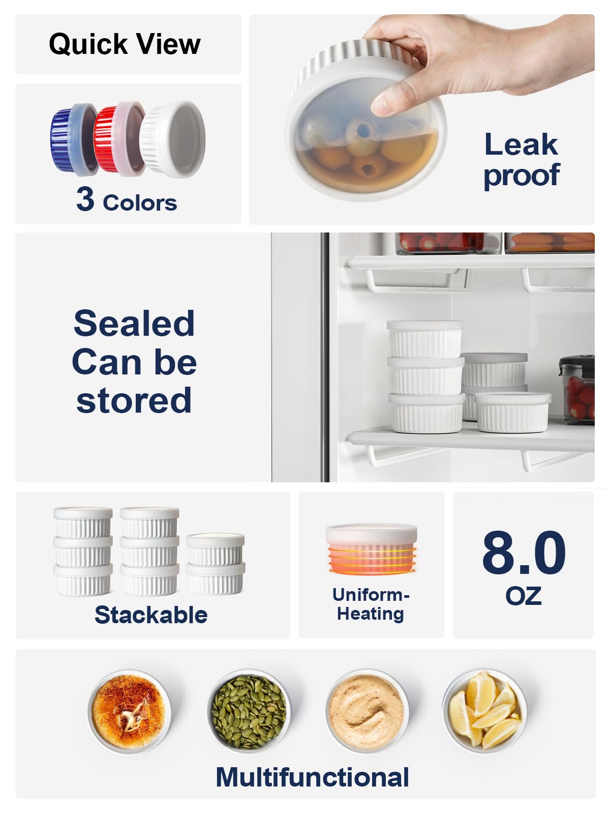 LE TAUCI Ramekins with Lids, 8 OZ Ramekins Oven Safe, Creme Brulee Ramekin Bowls, Ceramic Souffle Dishes with Covers, Custard Cups for Baking, Pudding, Serving Dip, Ice Cream, Set of 4, White LE TAUCI