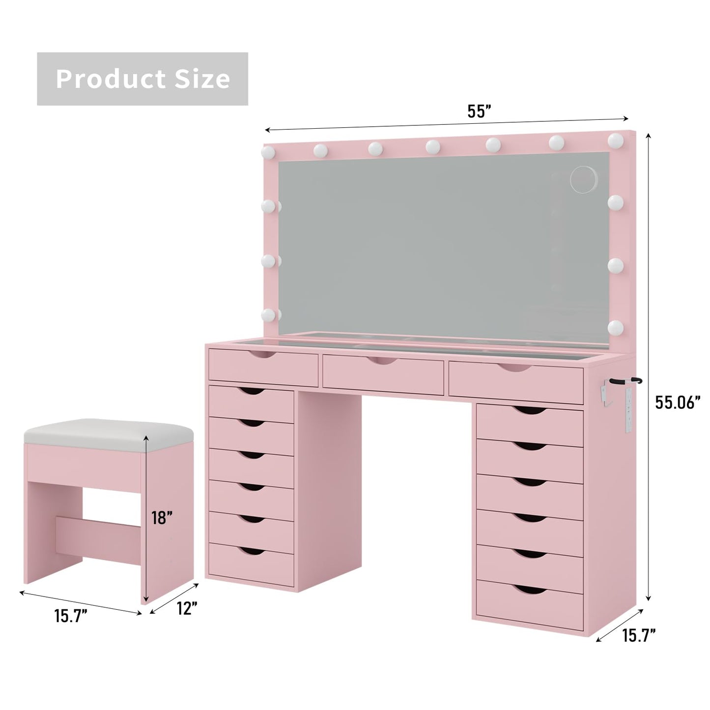 Yanosaku 15 Drawers Vanity Desk with Power Outlet, Makeup Table with Mirror and 13 LED Lights, 3 Color Lighting Modes, Brightness Adjustable, Glass Top Dressing Table, Vanity Set for Bedroom (Pink)