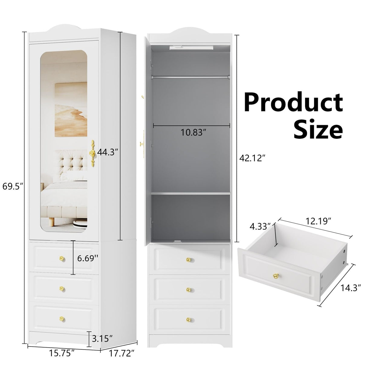 JanflyHome Armoire Wardrobe Closet, Updated White Bedroom Armoires Cabinet with Mirror Door and 3 Drawers, 15.7" W/69.5" H Clothing Storage Cabinet with Hanging Rod & Sensor Light for Bedroom-Right JanflyHome