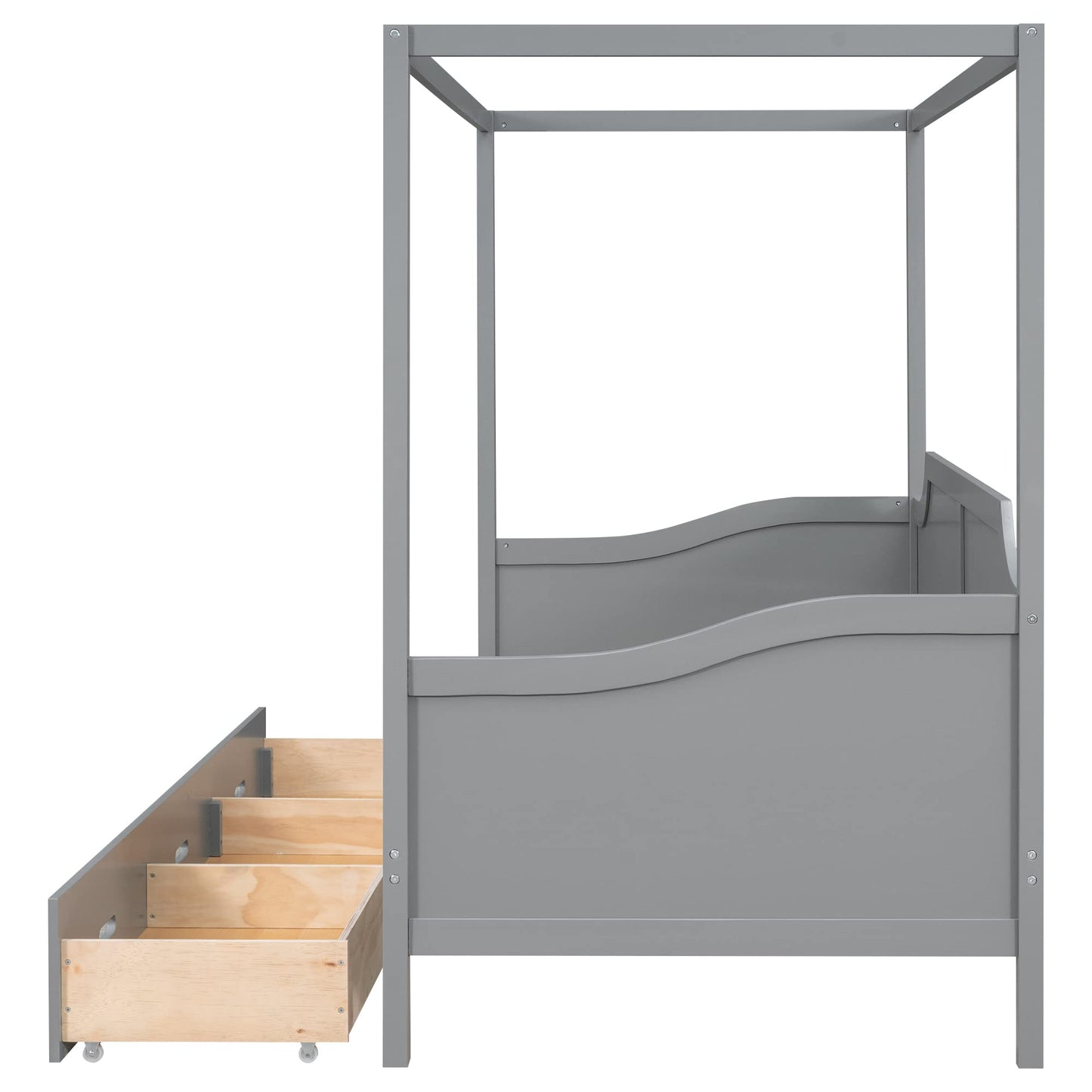 Twin Size Canopy Bed Frame with 3 Storage Drawers,Wood Canopy Bed Frame,4-Post Canopy Bed Twin Size for Kids,Teens,Adults,Gray