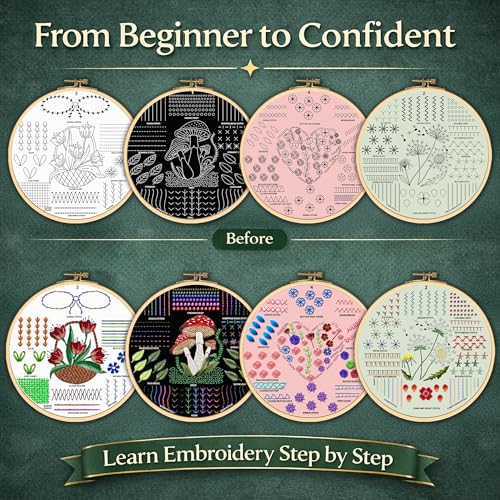 Moni Crafts - Embroidery Kit for Beginners Adults – Learn 41 Stitches with Complete Starter Kit, 4 Pre-Printed Patterns, Threads, Needles & Hoop – Hand Embroidery Kit with Video Tutorials