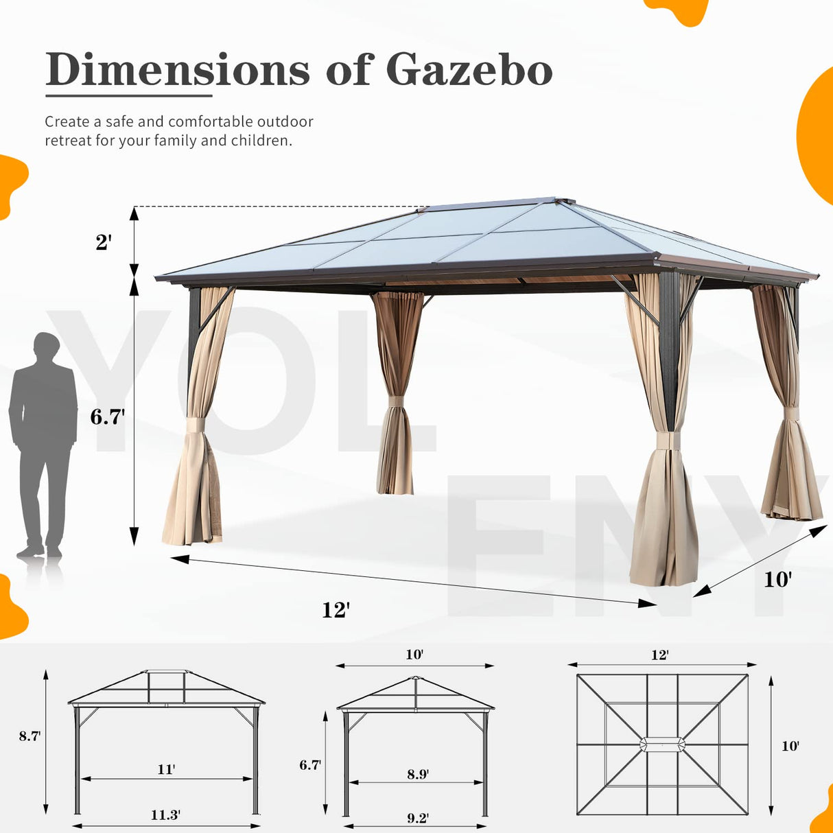 YOLENY 10'x12' Hardtop Gazebo, Outdoor Polycarbonate Roof Canopy, Aluminum Frame Permanent Pavilion with Curtains and Netting, Sunshade for Garden, Patio, Lawns YOLENY