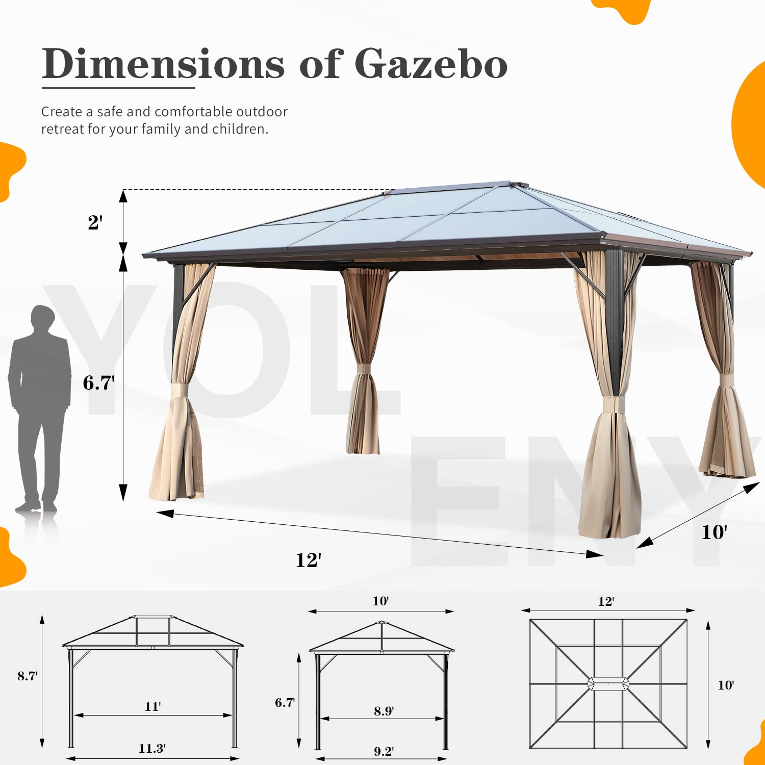 YOLENY 10'x12' Hardtop Gazebo, Outdoor Polycarbonate Roof Canopy, Aluminum Frame Permanent Pavilion with Curtains and Netting, Sunshade for Garden, Patio, Lawns - WoodArtSupply