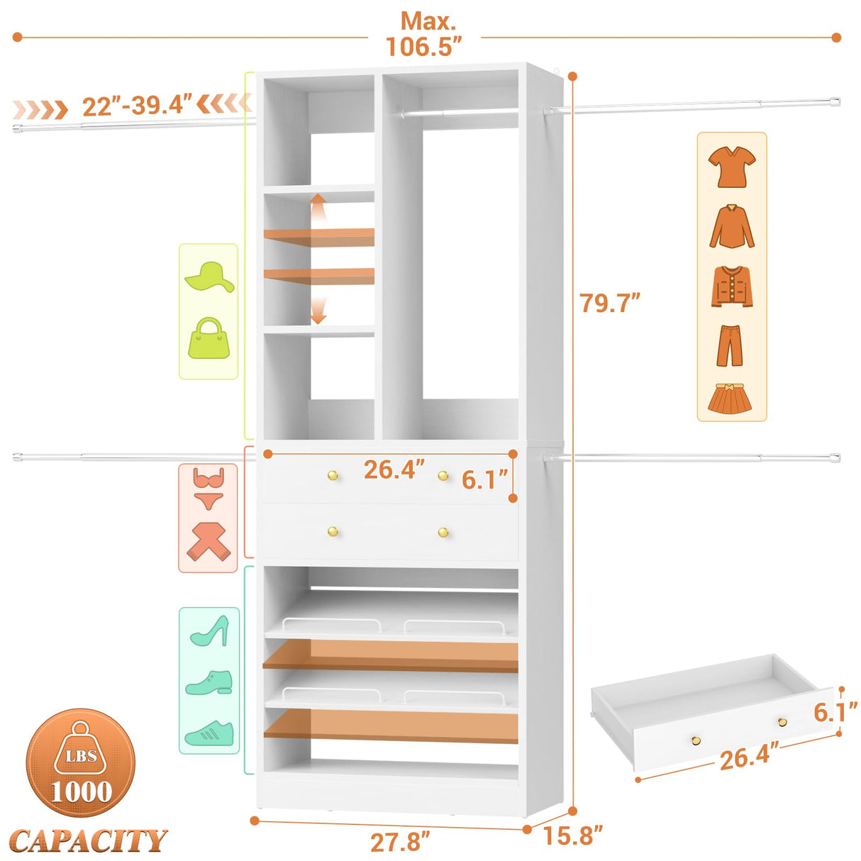 Besiost Closet System, 4.2–8.8 FT Closet Organizer with 2 Wooden Drawers and Shelves, Walk-in Closet System with 5 Hang Rods, Built-in Reach in Closet Tower, Can Fit 60 to 96 inch, White Besiost