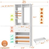 Besiost Closet System, 4.2–8.8 FT Closet Organizer with 2 Wooden Drawers and Shelves, Walk-in Closet System with 5 Hang Rods, Built-in Reach in Closet Tower, Can Fit 60 to 96 inch, White Besiost