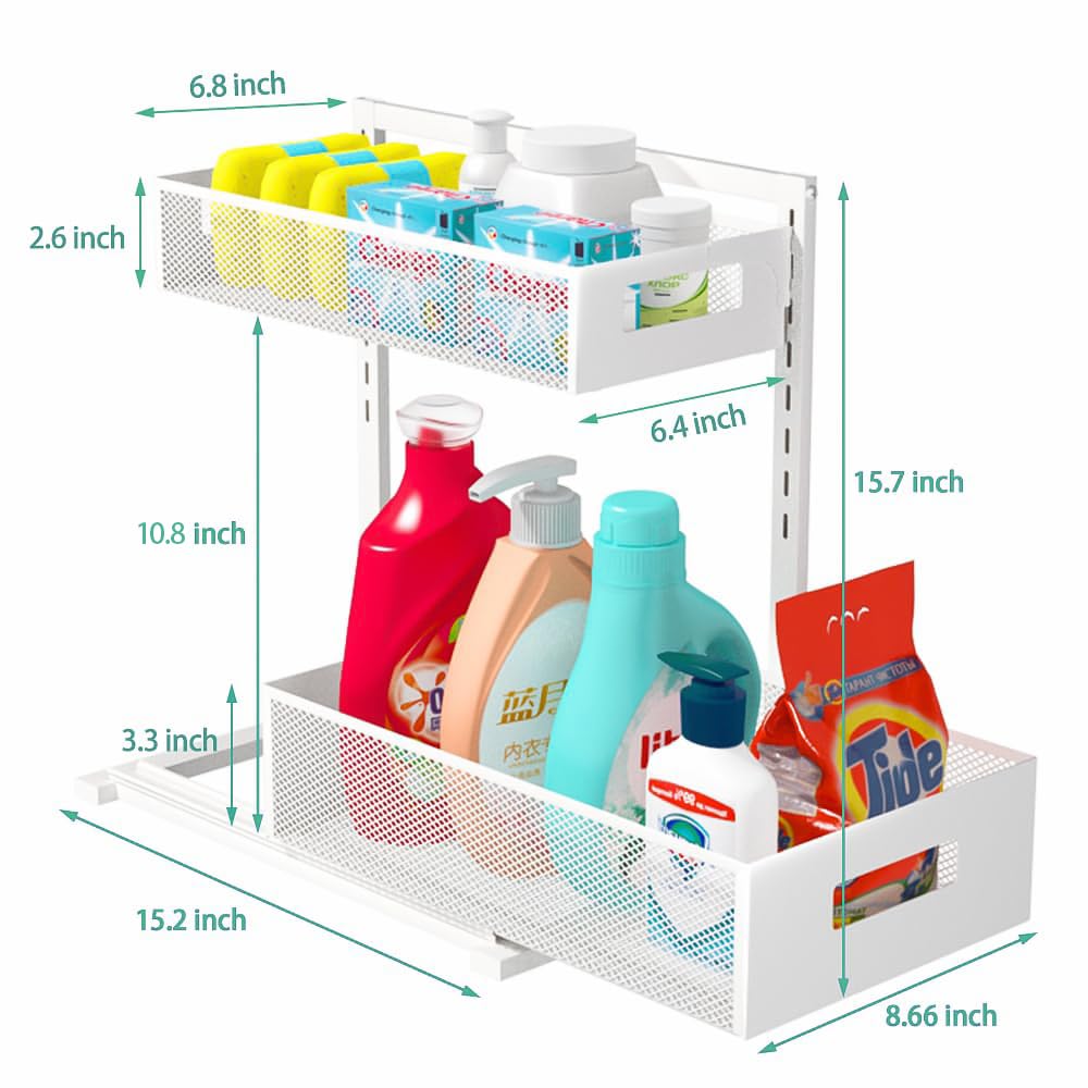Under Sink Organizer Adjustable Height 2 Tier Bathroom Organizer Pull Out Cabinet Organer kitchen organizers and storage fridge organizers and storage,White,XL-1 Pack Petiza
