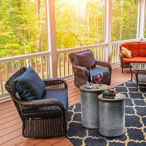 Rustic Storage Ottoman Seat Stool, Farmhouse Accent Side Table, Antique Galvanized Metal End Table Box Bin with Round Wooden Lid Set of 2 (Galvanized) Rustee