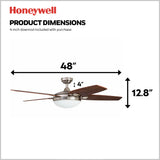 Honeywell Ceiling Fans Carmel, 48 Inch Contemporary Indoor LED Ceiling Fan with Light, Remote Control, Dual Mounting Options, Dual Finish Blades, Reversible Motor - 51920-01 (Brushed Nickel) Honeywell