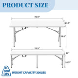 HLPB Folding Table Picnic Table Set, 6 ft Camping Table with 2 Benches, Outdoor Indoor Portable Folding Table for Working Meeting Parties, Camping, Picnic, Weddings w/Handle and Safety Locks, White HLPB