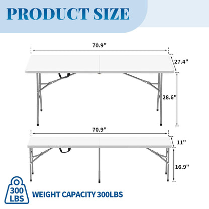 HLPB Folding Table Picnic Table Set, 6 ft Camping Table with 2 Benches, Outdoor Indoor Portable Folding Table for Working Meeting Parties, Camping, Picnic, Weddings w/Handle and Safety Locks, White