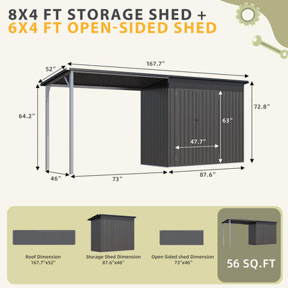 AECOJOY Outdoor Open-Sided Storage Shed, 6'x4' Sheds & Outdoor Storage with 24 Sq. Ft Covered, 4x8 FT Small 2-in-1 Tool Shed with Attached Hardtop Metal Pergola Gazebo