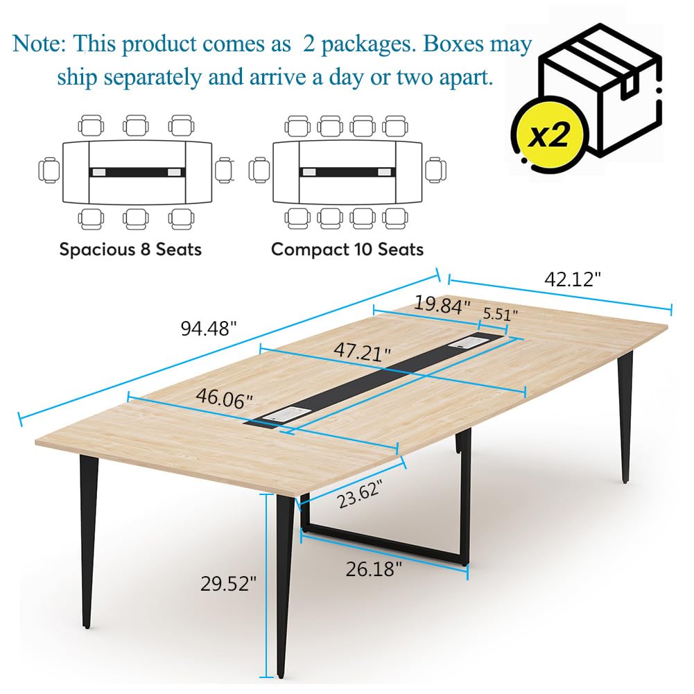 Tribesigns 8FT Conference Table, 94.48L x 47.24W x 29.52H Inches Large Boat Shaped Meeting Seminar Table with Cable Grommets, Modern Conference Room Table for Office (Light Wood Grain, 8ft) Tribesigns