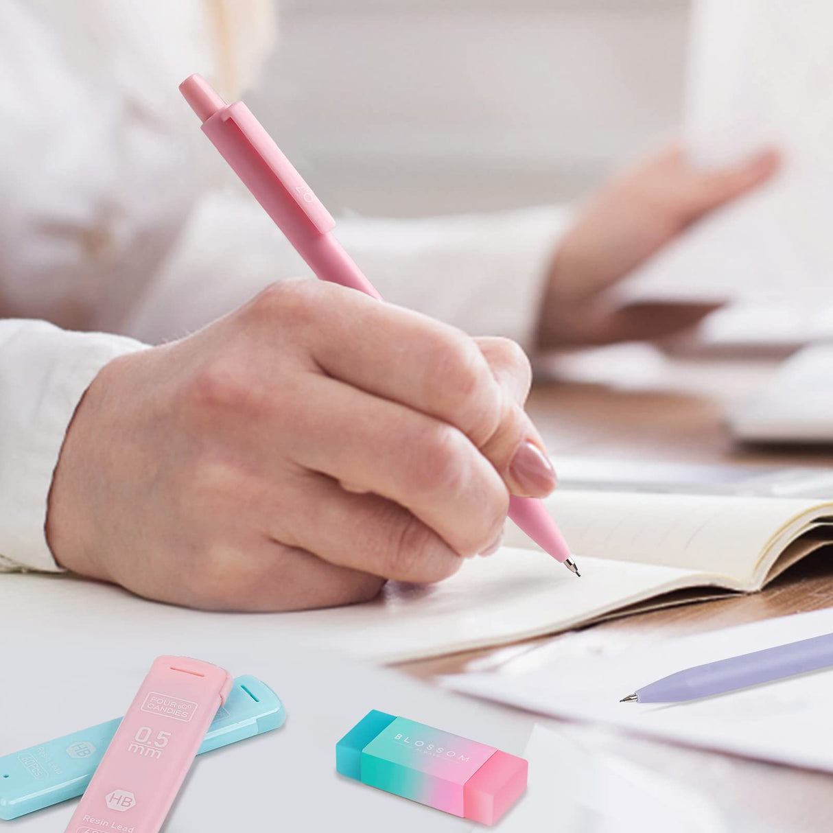 Four Candies Cute Mechanical Pencil Set, 6PCS Pastel Mechanical Pencils 0.5 & 0.7mm with 360PCS HB Pencil Leads, 3PCS Erasers and 9PCS Eraser Refills, Aesthetic Mechanical Pencils for Girls Writing Four Candies