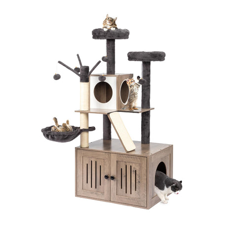 VINGLI Cat Tree Tower with Litter Box, Houses for Indoor Kittens, 53" All-in-1 Wooden Cats Condo, Cat Tower wih Scratching Posts, Hidden Cat Washroom Furniture, Gray VINGLI