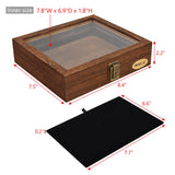 MOOCA Tempered-Glass Top Small Wooden Jewelry Display Case with Removable Black Luxurious Velvet Jewelry Display Pad, Deeper 2.2" Design for Collectibles, Brown Color. MOOCA