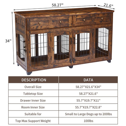 2 Rooms Dog Crate Furniture with Openable Partition,58" Wooden Dog Crate Table with 2 Drawers,5-Doors Dog Furniture,Indoor Dog Kennel,Dog House,Dog Cage,TV Stand (Brown)