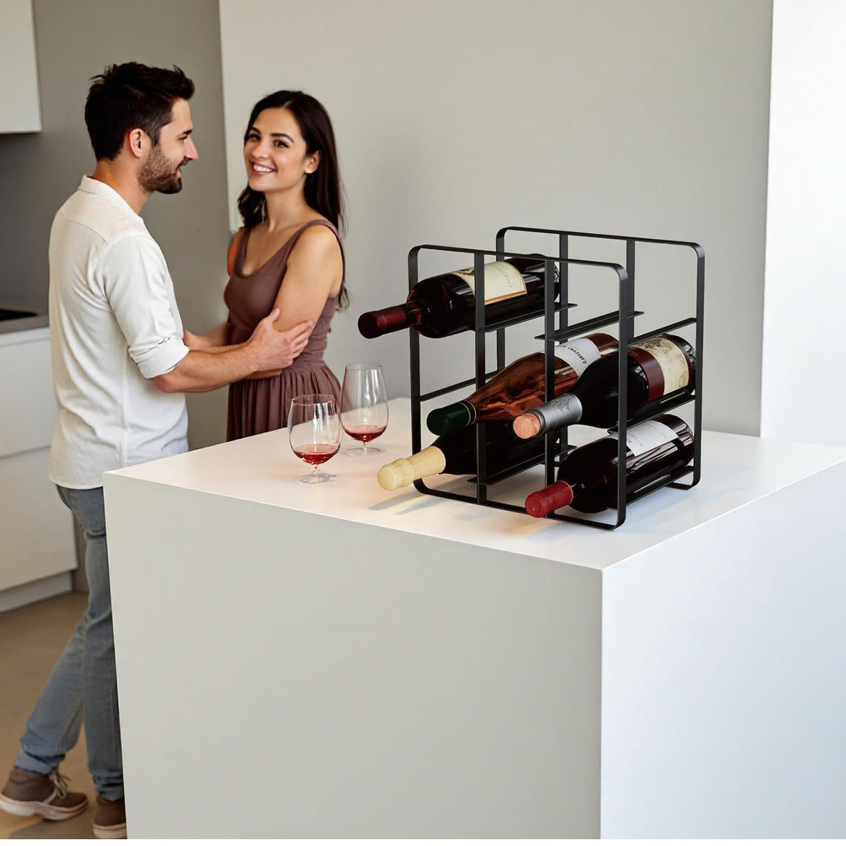 Buruis 9-Bottle Metal Wine Rack, Freestanding Holder Organizer for Red and White Wine, Kitchen Countertop, Pantry, No Assembly Required, Black Buruis