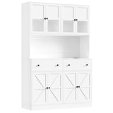 FINETONES 71" Pantry Cabinet with LED Light and Charging Station, Farmhouse Kitchen Pantry Cabinet with Microwave Stand, 47.2" Wide Kitchen Hutch Food Pantry with Open Countertop, White FINETONES