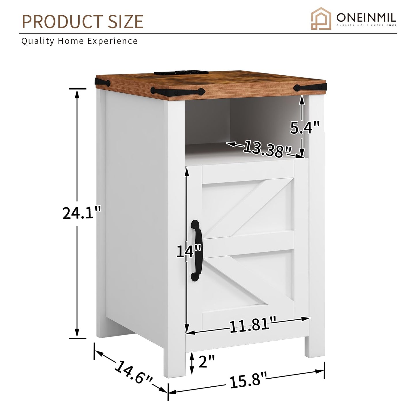 oneinmil Nightstand with Charging Station, Farmhouse End Table with Barn Door, Sofa Side Table with Storage Space 2-Piece Set, Suitable for Livingroom and Bedroom,White - WoodArtSupply